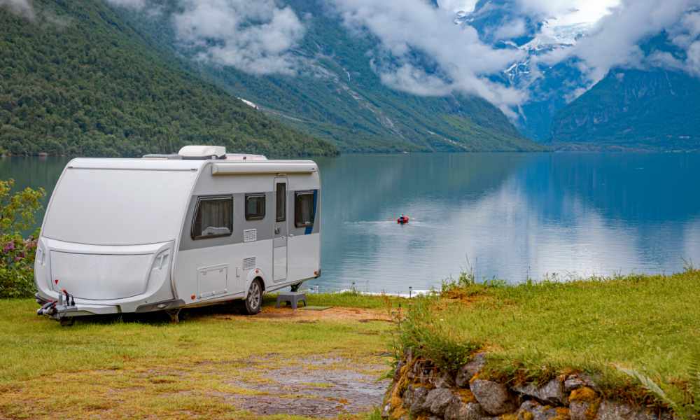 Caravan parked water idylic